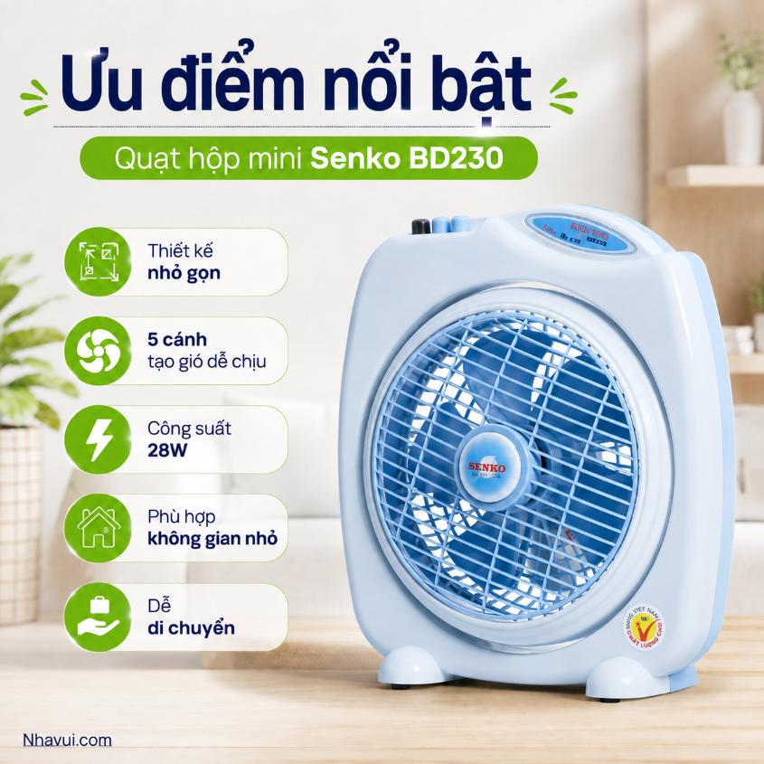 Quạt hộp mini Senko BD230 28W 5 cánh màu Kem Cốm, Kem Môn, Kem Xám